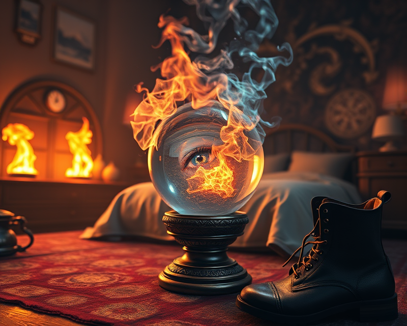 eye, fire, crystal ball, bed, boot